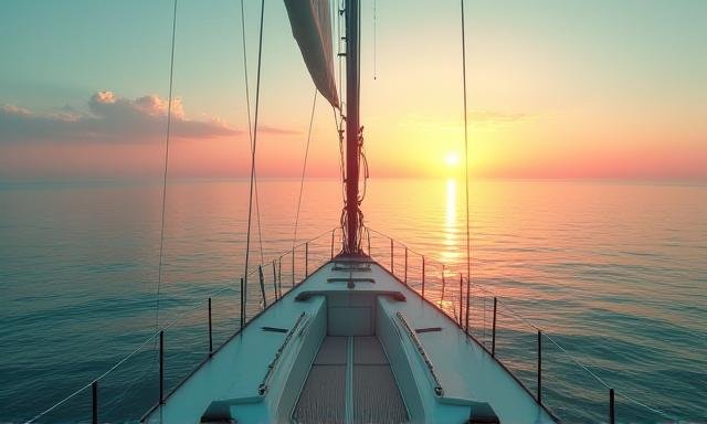 Looking out at a calm ocean horizon at sunrise.