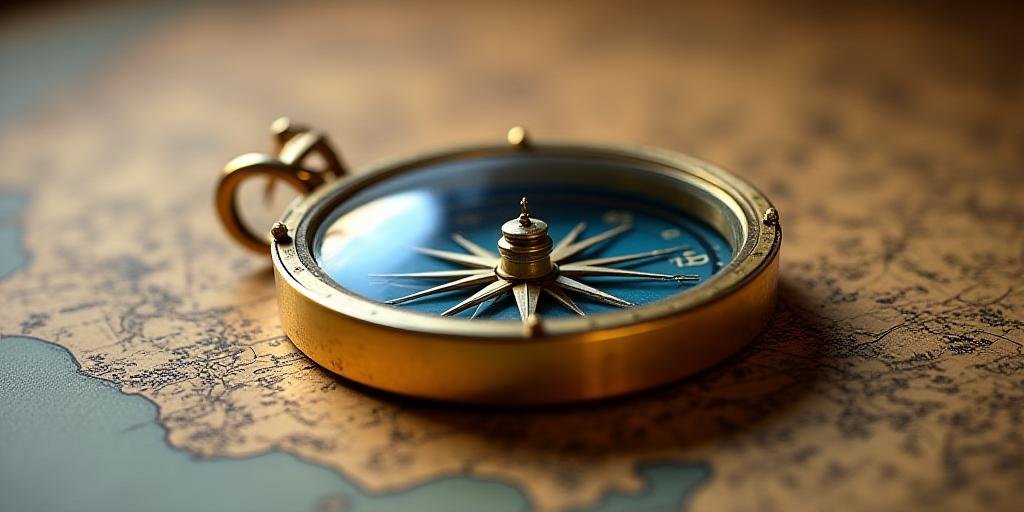 A polished antique nautical compass on a chart, symbolizing direction and leadership