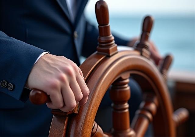 Executive hands on a mahogany ship's wheel representing leadership control